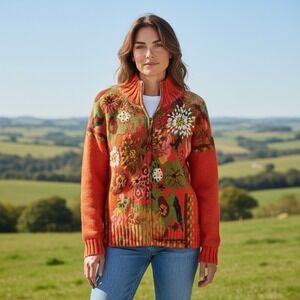 Coldwater Creek Vintage 90's Embroidered Floral Cotton Zip Up Cardigan XL